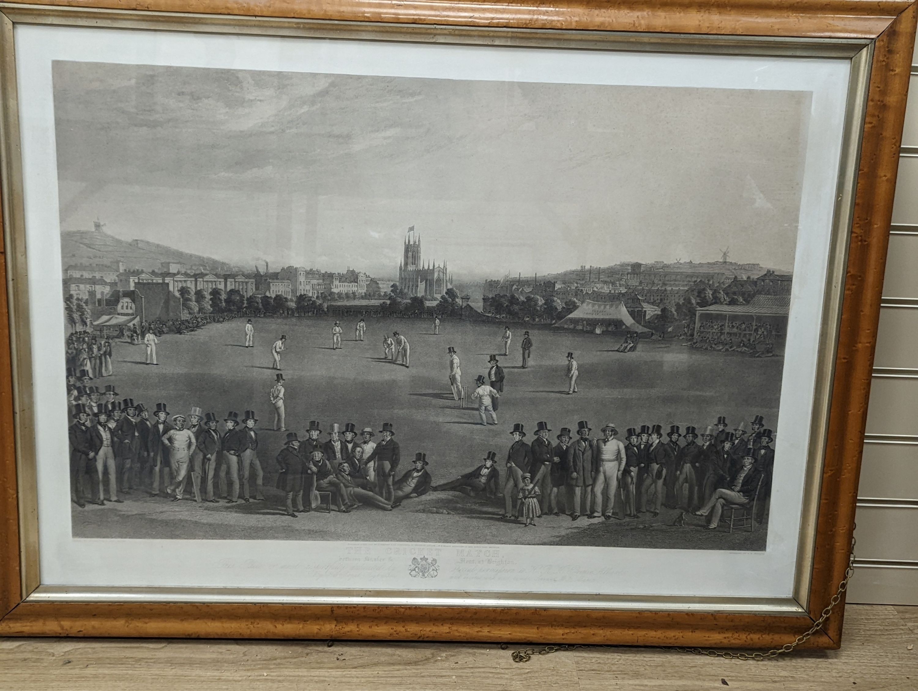 Phillips after Drummond, lithograph, 'The Cricket Match between Sussex and Kent at Brighton', 70 x 100cm, maple framed with a separately framed key to the print